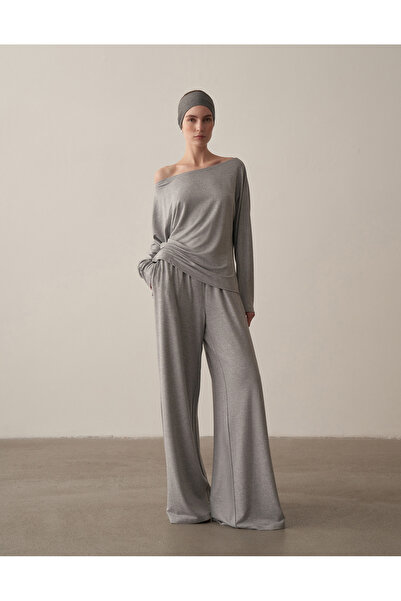 Kuğu Collection Düşük Omuz Rahat Formlu Bluz Gri Melanj