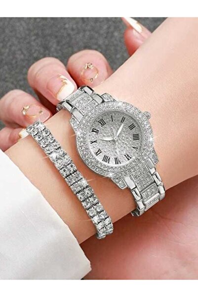 Geneva Κομψό Γυναικείο Σετ Ρολογιού με Κρυστάλλινο Βραχιόλι – Χρυσό, Ασημί, Ρ...