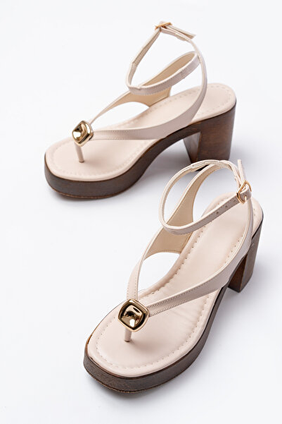 SEEM Γυναικεία πέδιλα Sienna Gold με χοντρό τακούνι και μπεζ χρώμα