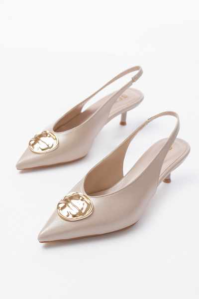 SEEM Παπούτσια Jennie Kitten Beige με τακούνι και χρυσά αξεσουάρ