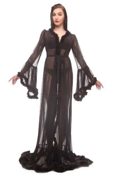 DYSTYLE Halat elegant negru sexy cu blană