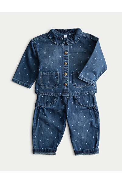 Marks & Spencer 2 Parçalı Saf Pamuk Denim Bebek Takımı (0-6 Yaş)
