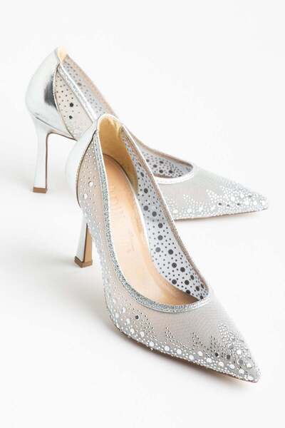 Dilimler Ayakkabı Γυναικεία βραδινά παπούτσια με λεπτό τακούνι, ασημί διχτυωτ...