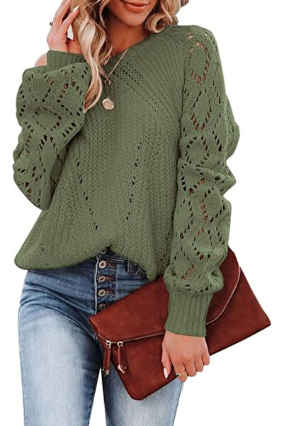 Dokotoo Bluză largă cu mânecă lungă, perforată, verde M