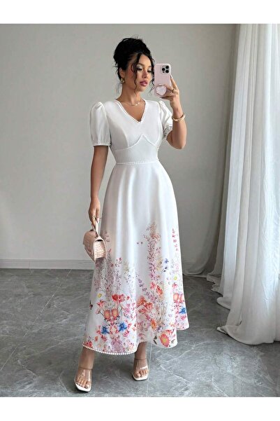 Iuliashop Rochie lungă Olivia albă cu imprimeu floral - S