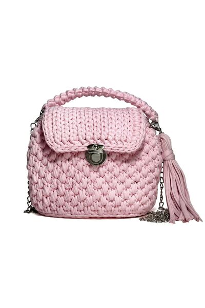 Belora Χειροποίητη παστέλ ροζ πλεκτή τσάντα με φούντα