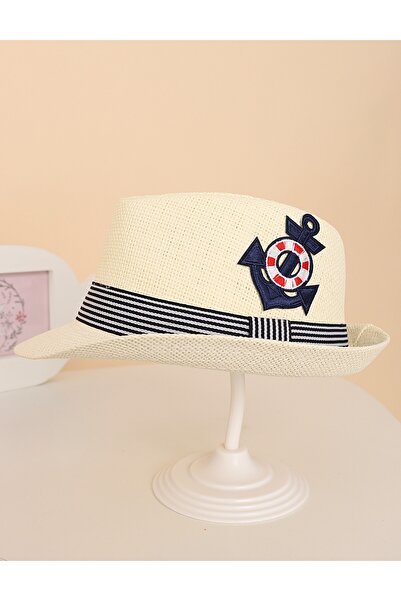 MiniKids Ψάθινο καπέλο για μικρό αγόρι ναυτικού τύπου εκρού