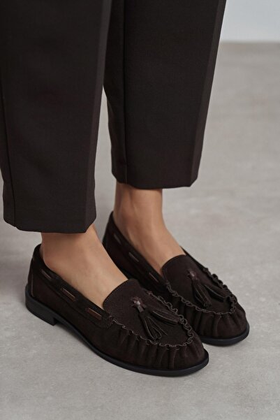 NİŞANTAŞI SHOES Γυναικεία Loafer Παπούτσια από Γνήσιο Δέρμα Καφέ Καστόρι με Λ...