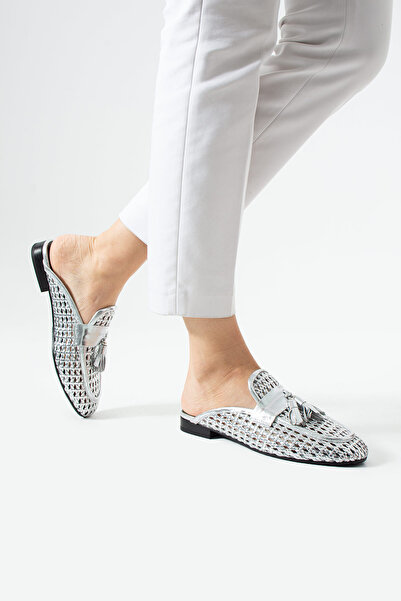 dericia shoes شبشب نسائي مريح للاستخدام اليومي من الجلد الطبيعي باللون الفضي ...