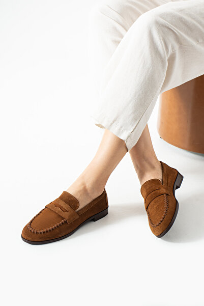 dericia shoes Fusion Hakiki Deri Taba Süet Günlük Rahat Kadın Loafer Ayakkabı