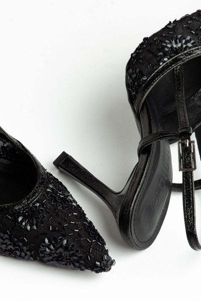 Dilimler Ayakkabı Women's Heeled Evening Dress Shoes Black Mesh with Flowers on the Side Open