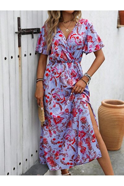 Iuliashop Μπεθάνι Μπλε Μίντι Φόρεμα με Κόκκινο Φλοράλ Σχέδιο - S