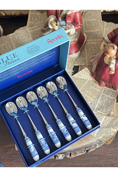 SPODE İngiliz Damgalı Mavi Beyaz Kutulu Porselen Saplı 6lı Çay Kaşığı Seti