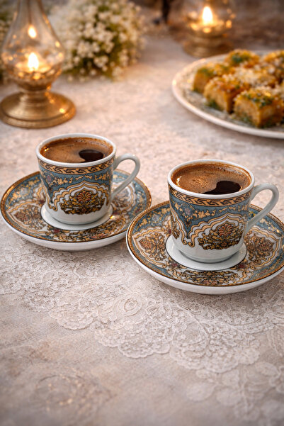 RGS HOMELİFE 2-Piece Gold and Turquoise Colored 4-Piece Turkish Coffee Cup Se...