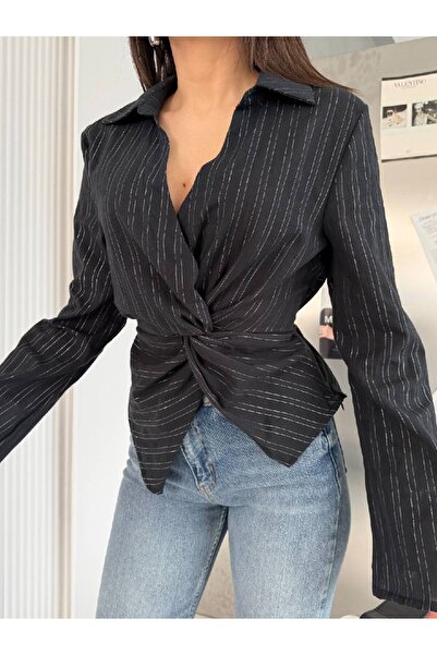 LOKADI Γυναικεία μπλούζα με διπλό γιακά και ρίγες με κόμπους μπροστά - Κομψή ...