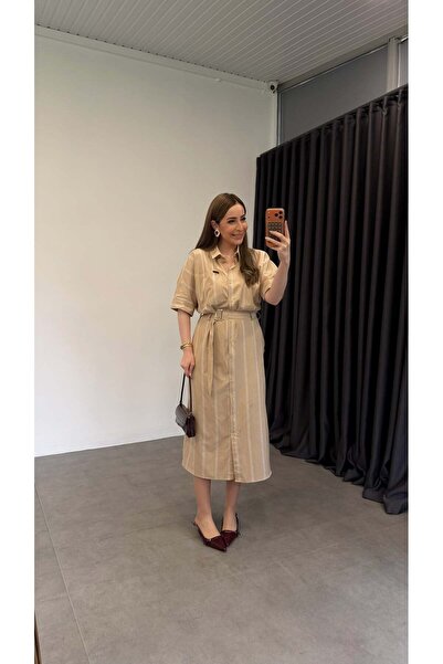 elif teke Cremini Striped Poplin Dress Beige