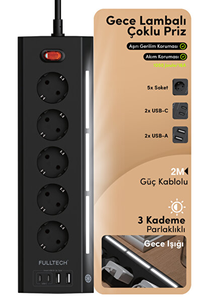 Fulltech FTR-26 Akım Korumalı Priz Siyah 9’lu (5 Priz + 2 USB-A + 2 USB-C) 36...
