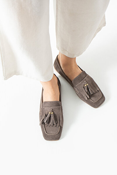 dericia shoes Glam Hakiki Deri Gri Süet Günlük Rahat Kadın Loafer Ayakkabı