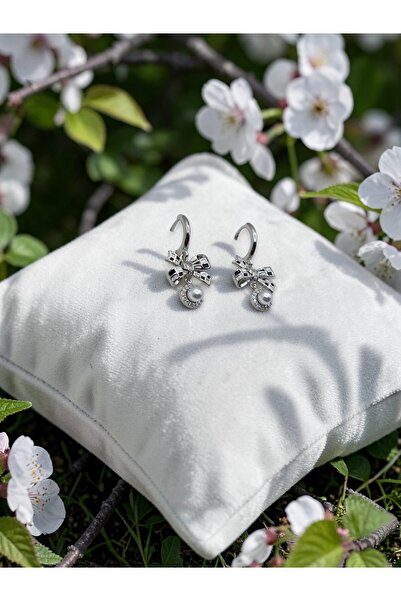 ahsenaksesuar2025 Silver Color Pearl Detailed Bow Design Dangle Steel Hoop Ea...