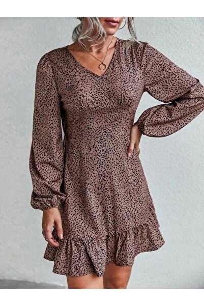 Iuliashop Rochie scurtă Madelein maro cu buline negre - S