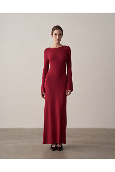 Kuğu Collection Kayık Yaka Uzun Kollu Fit Uzun Elbise Bordo