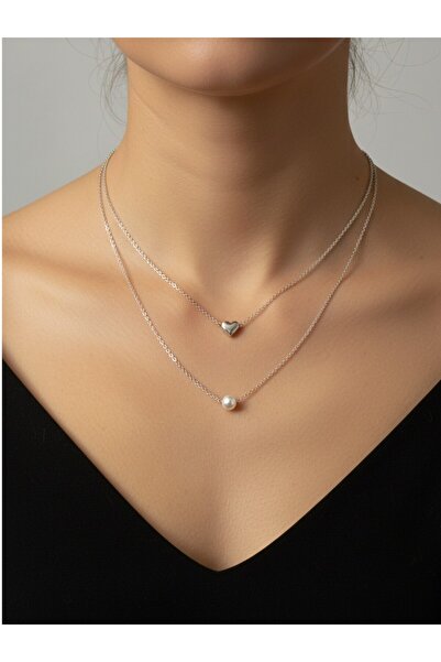ATALYA ACCESSORY Minimal Kalp ve İncili Çift Katlı Kadın Çelik Kolye
