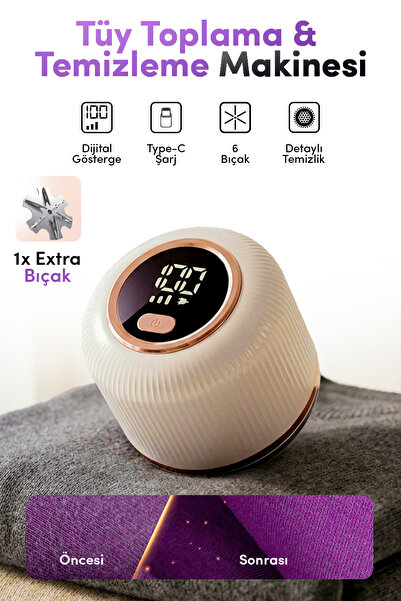 auhma M116 Şarjlı Tüy Toplama Makinesi – 6 Bıçaklı, Dijital Ekranlı, Type-C Ş...