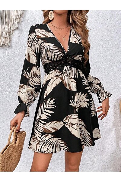 Iuliashop Rochie scurtă Zarine cu imprimeu cu frunze și spatele deschis - S