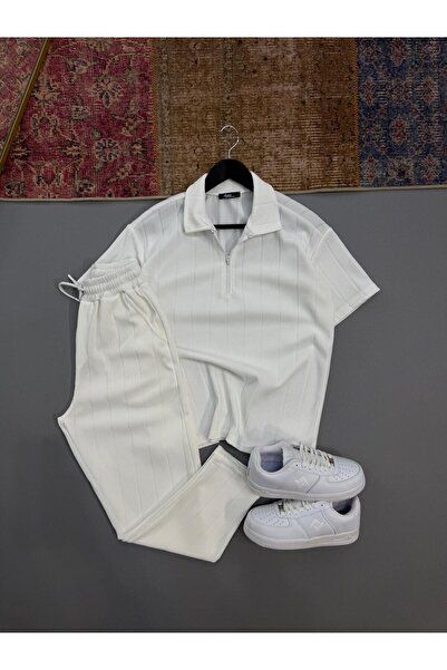 Baycombine35 Raporlu Ottoman Λευκό Μπλουζάκι με Μισό Φερμουάρ - Λευκό Σετ Παν...