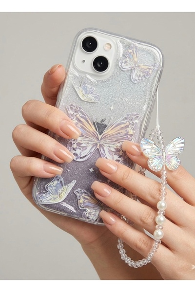 FİŞNEİLETİŞİM İPHONE 14 PLUS UYUMLU KELEBEK DESENLİ SİMLİ CHARMLI KILIF