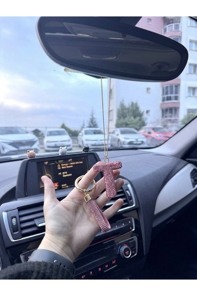 senfida Automobile Rearview Mirror Ornament t Letter with Stone Pink Rearview Mirror Ornament and Auto Keychain