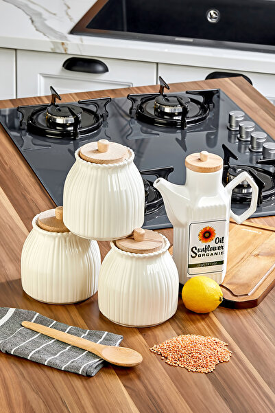 Akkoyunlu home 4-Piece Kitchen Set - Ceramic Daisy Jar with Wooden Lid (3 Pie...