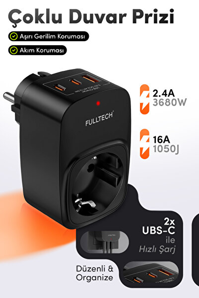 Fulltech FTR-24 Çoklu Duvar Prizi 16A 3680W Siyah | 2x USB-C + 1x USB-A Şarjl...