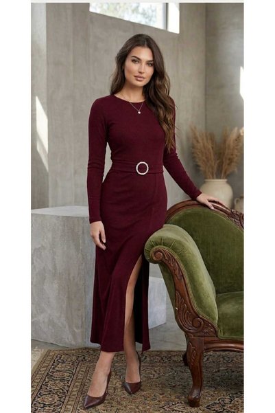 Candan New Season Slit Zara Model Crepe Midi Length Claret Red Women's Dress