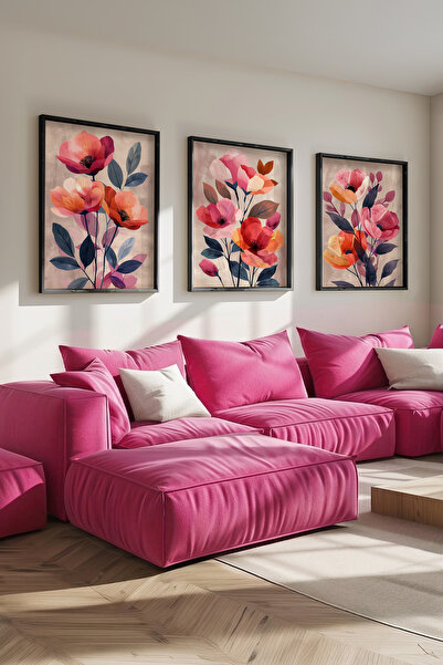 STARYUNA Σετ τριών πινάκων με έγχρωμη εικονογράφηση λουλουδιών σε μαύρο ξύλιν...