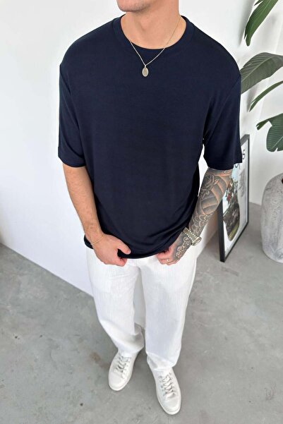 HAFKAGİYİM Μπλουζάκι από μαλακό Lycra σε βασικό ναυτικό μπλε χρώμα, άνετη εφα...