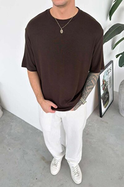 HAFKAGİYİM Καφέ Βασικό Μαλακό Πλεκτό Μπλουζάκι Λύκρα με Άνετη Γραμμή