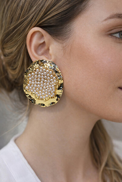 Marca Accessories Gold Dokulu İnci Detaylı Büyük Küpe (Çelik)