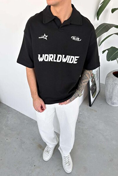 HAFKAGİYİM Μαύρο μπλουζάκι πόλο με στάμπα World Wide