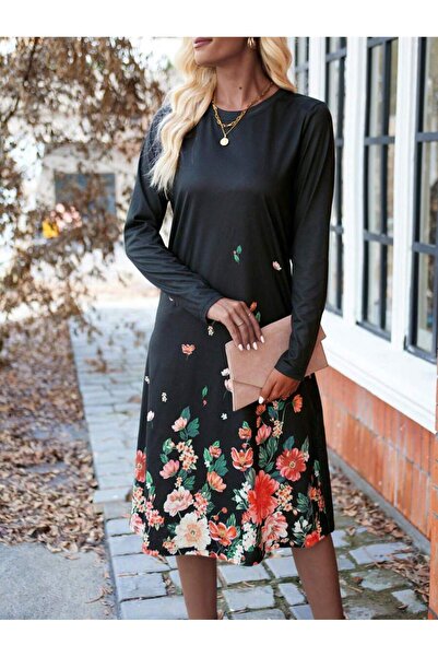 Iuliashop Rochie midi Fordina neagră cu imprimeu floral multicolor - S