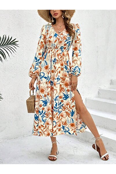 Iuliashop Rufina Rochie lungă crem cu imprimeu floral și spatele deschis - S