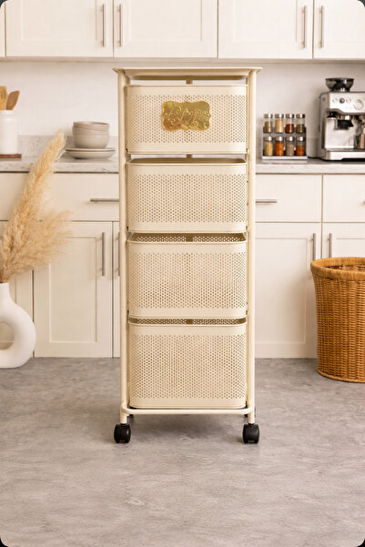 MİS KİTCHEN 4 Katlı Krem Renk Tekerlekli Metal Sepetli Düzenleyici Raf Mutfak...