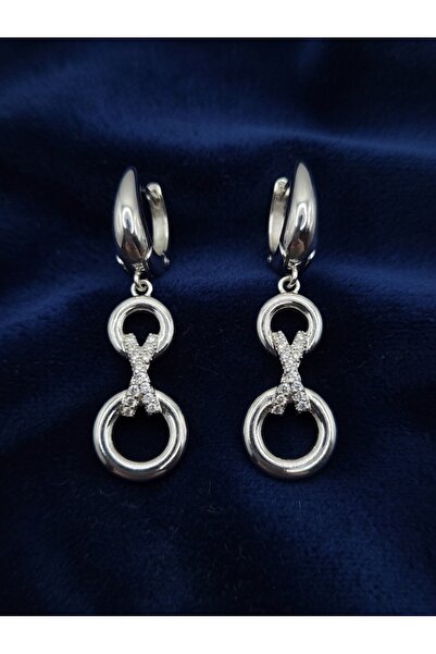 ahsenaksesuar2025 Silver Color Infinity Figured Crystal Stone Dangle Hoop Ste...