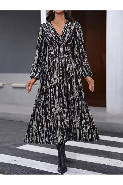 Iuliashop Rochie midi Diona neagră cu imprimeu bej - S