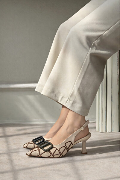 moon glow Kadın Krem Slingback Topuklu Ayakkabı Sivri Burun Tokalı Nakış Dese...