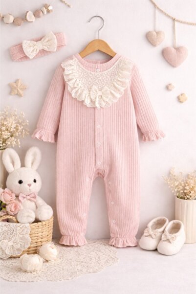 Superbaby Ροζ βρεφικό ολόσωμο φορμάκι με δαντελένιο γιακά και κορδέλα για το ...