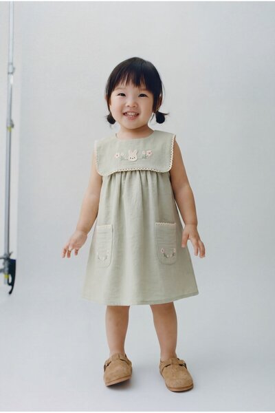 Magu Girl's Cotton Green Rabbit Embroidered Pocket Dress