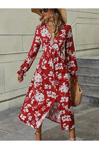 Iuliashop Rochie lungă roșie Joselin cu imprimeu floral alb - S