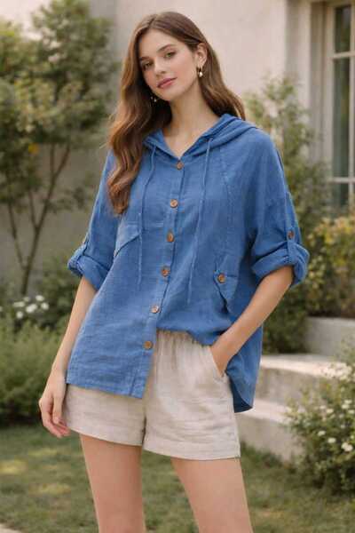 Bergani Women's Hooded Comfortable Fit Cotton Shirt Jacket