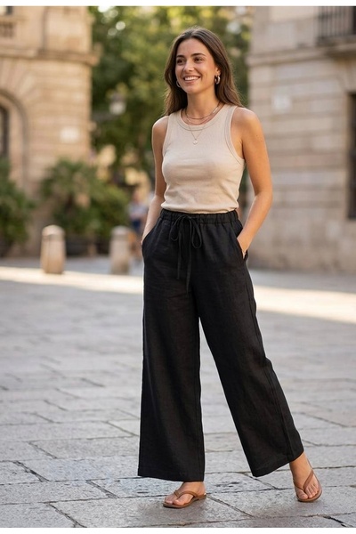 YusGos Γυναικείο λινό παντελόνι Palazzo σε κρεμ χρώμα με δέσιμο στη μέση